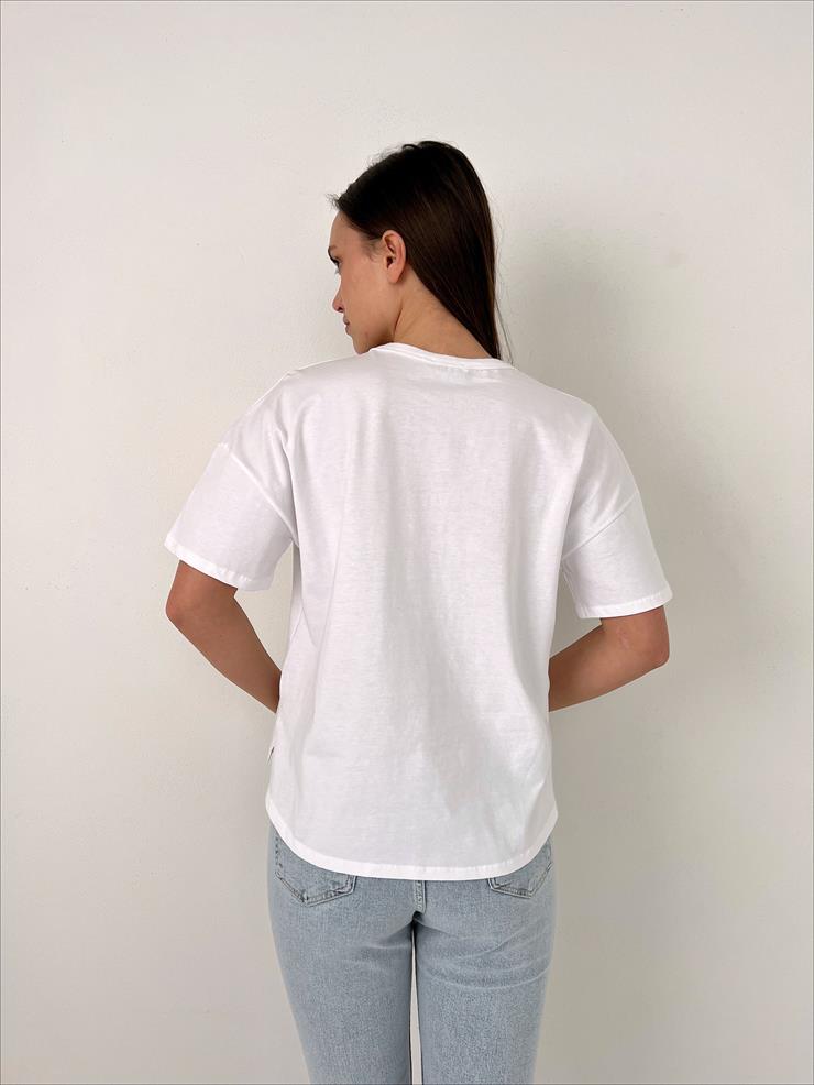 Bisiklet Yaka Kısa Kollu Oversize Basic Kadın Beyaz Tişört 23Y000097