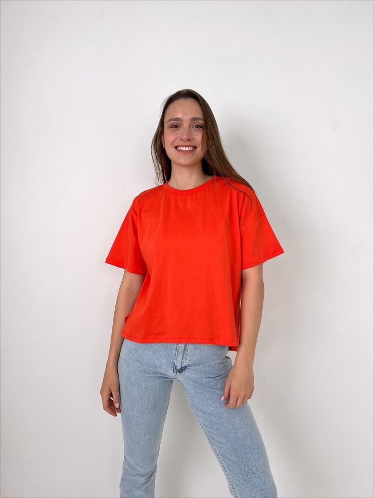 Bisiklet Yaka Kısa Kollu Oversize Basic Kadın Turuncu Tişört 23Y000097