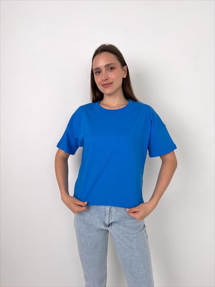 Bisiklet Yaka Kısa Kollu Oversize Basic Kadın Saks Tişört 23Y000097