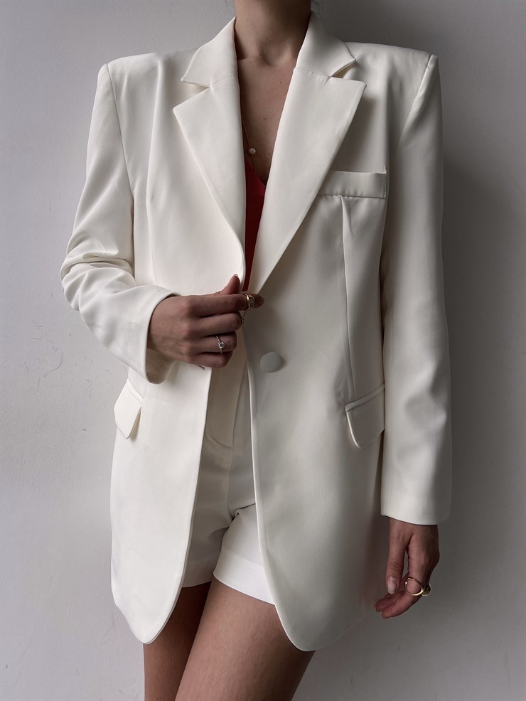 Oversize Cep Detay Tek Düğme Jerry Kadın Beyaz Ceket 22Y000143