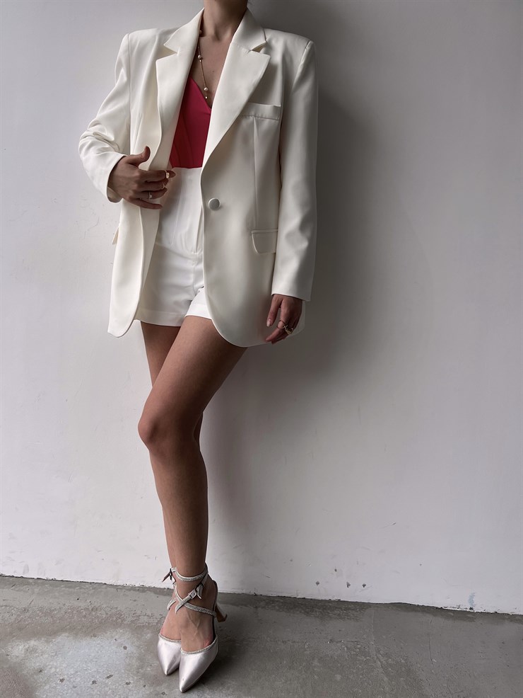 Oversize Cep Detay Tek Düğme Jerry Kadın Beyaz Ceket 22Y000143