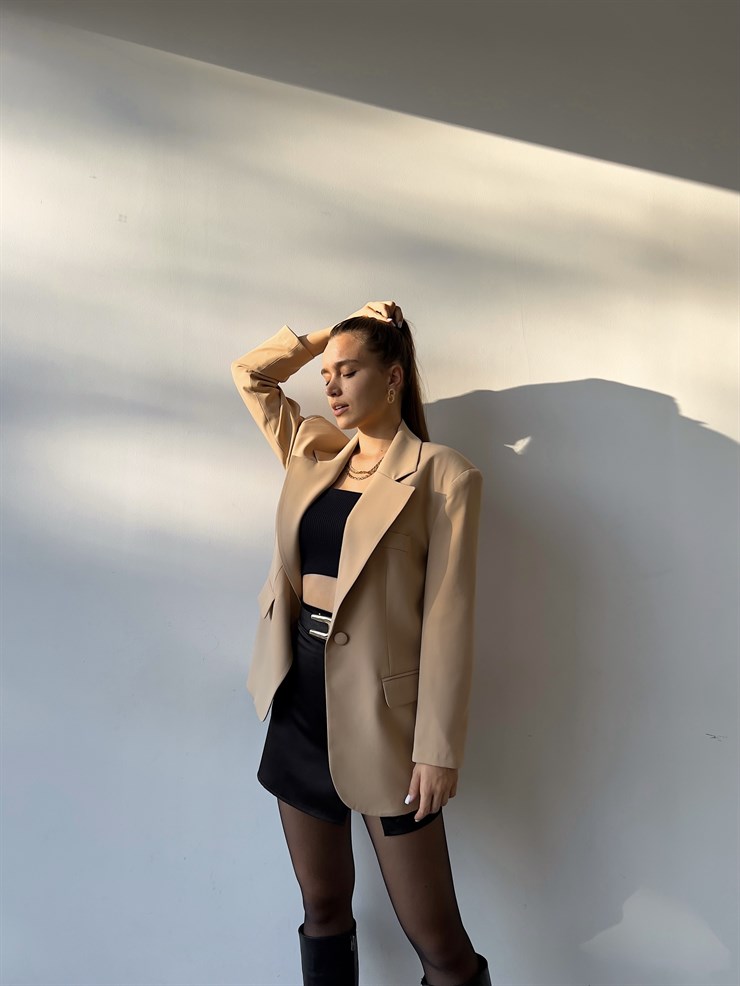 Oversize Cep Detay Tek Düğme Jerry Kadın Camel Ceket 22Y000143