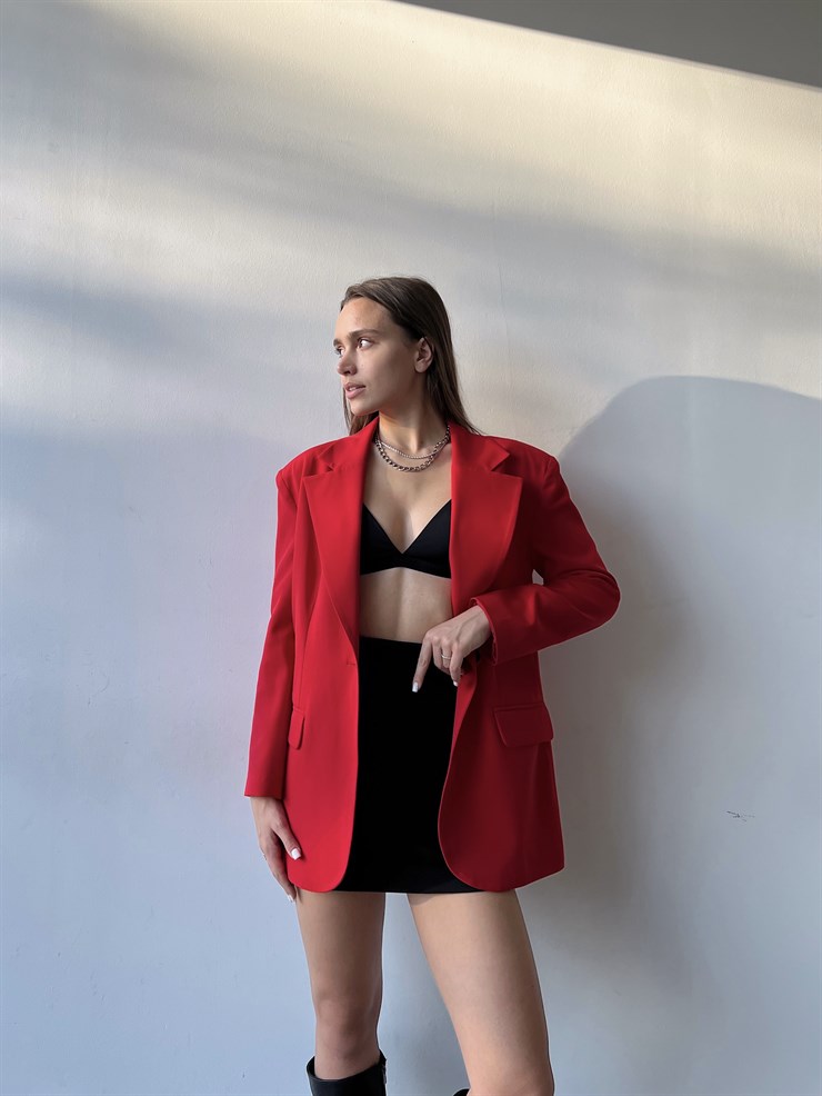 Oversize Cep Detay Tek Düğme Jerry Kadın Kırmızı Ceket 22Y000143