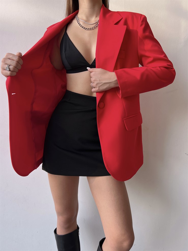 Oversize Cep Detay Tek Düğme Jerry Kadın Kırmızı Ceket 22Y000143