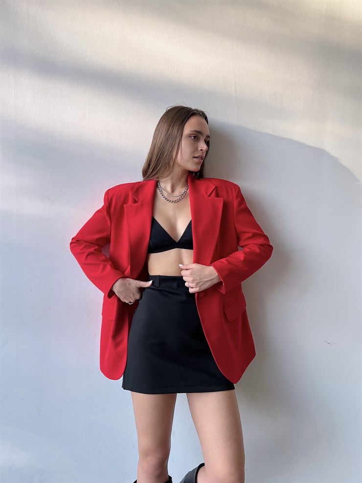 Oversize Cep Detay Tek Düğme Jerry Kadın Kırmızı Ceket 22Y000143