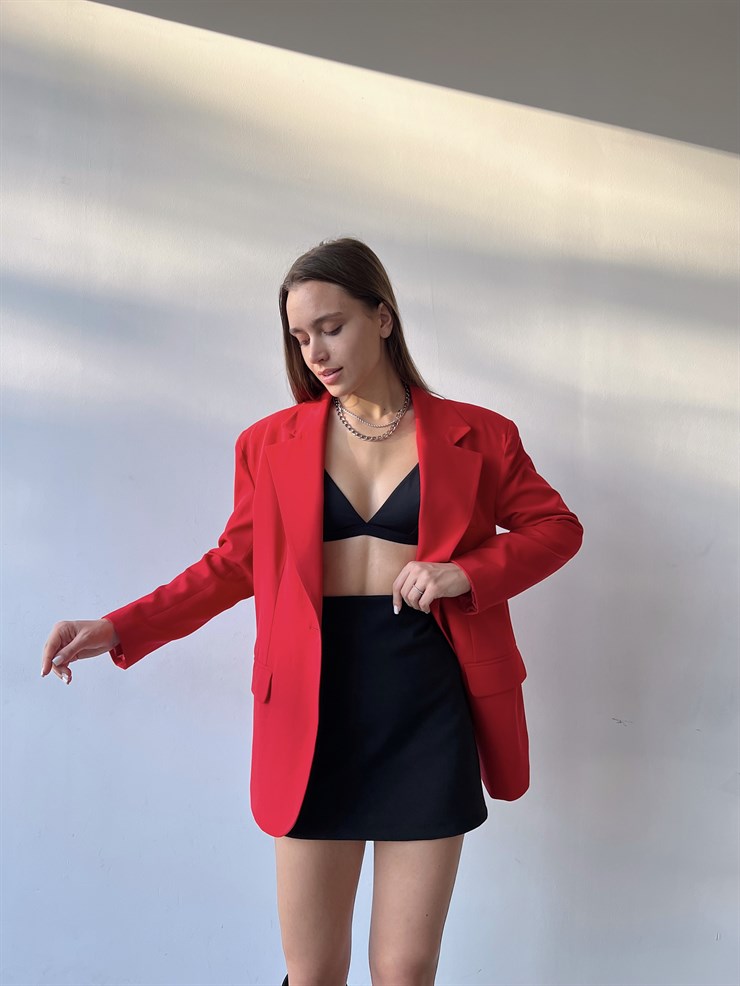 Oversize Cep Detay Tek Düğme Jerry Kadın Kırmızı Ceket 22Y000143