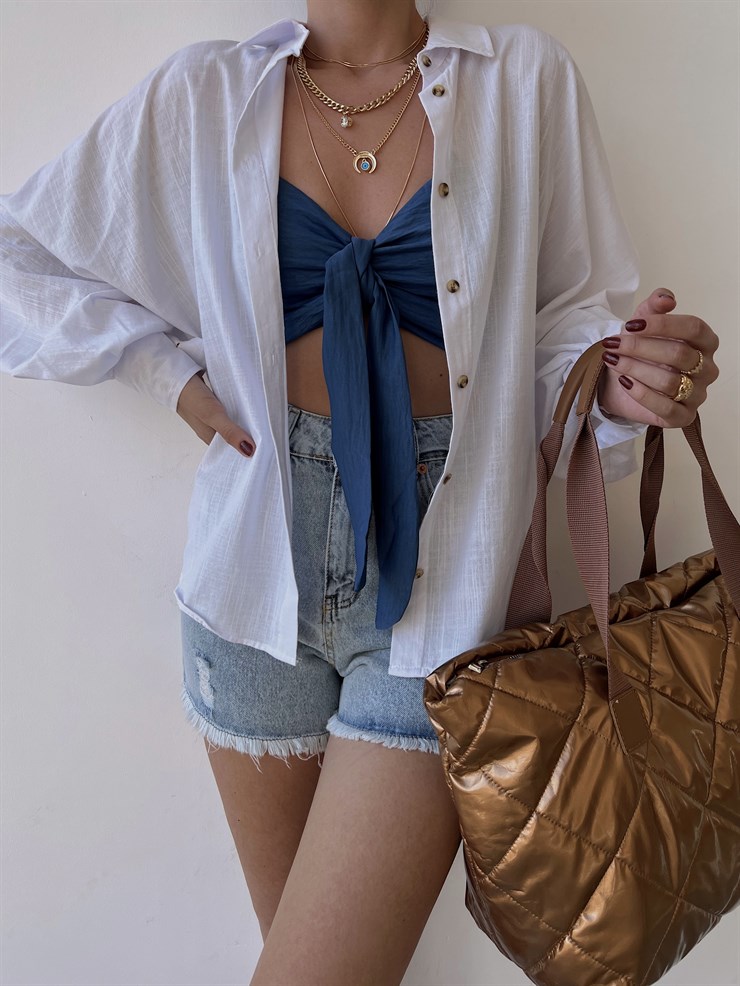 Oversize Geniş Kol Keten Karışımı Ovis Kadın Beyaz Gömlek 22Y000316