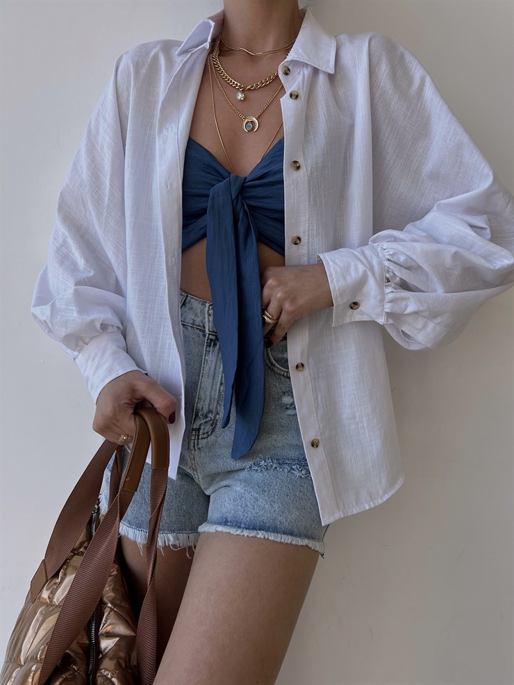 Oversize Geniş Kol Keten Karışımı Ovis Kadın Beyaz Gömlek 22Y000316