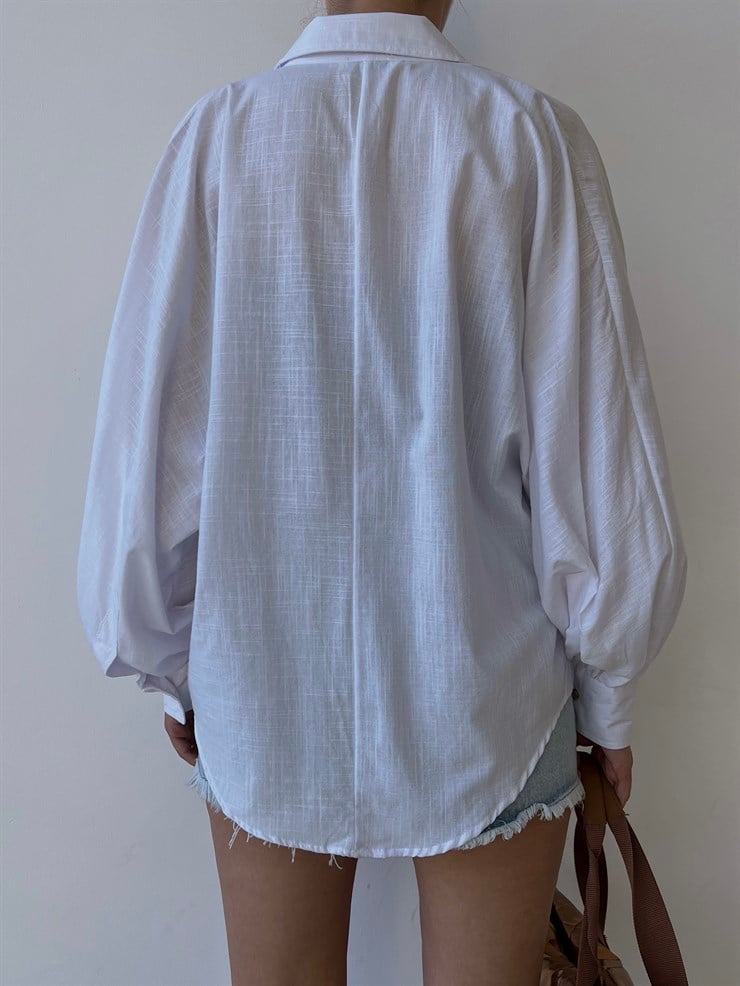 Oversize Geniş Kol Keten Karışımı Ovis Kadın Beyaz Gömlek 22Y000316