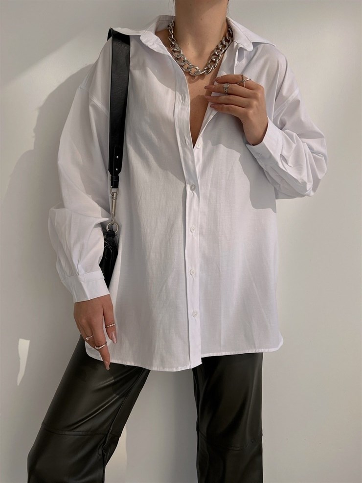 Oversize Uzun Kollu Rose Kadın Beyaz Gömlek 22K000500