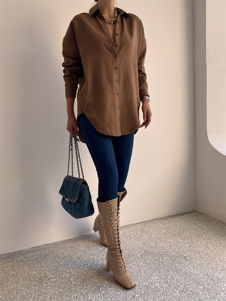 Oversize Yanı Düğme Detaylı Kadın Kahverengi Gömlek 22K000081