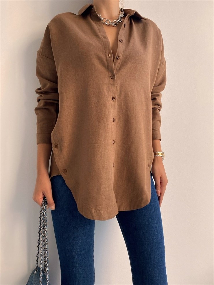 Oversize Yanı Düğme Detaylı Kadın Kahverengi Gömlek 22K000081