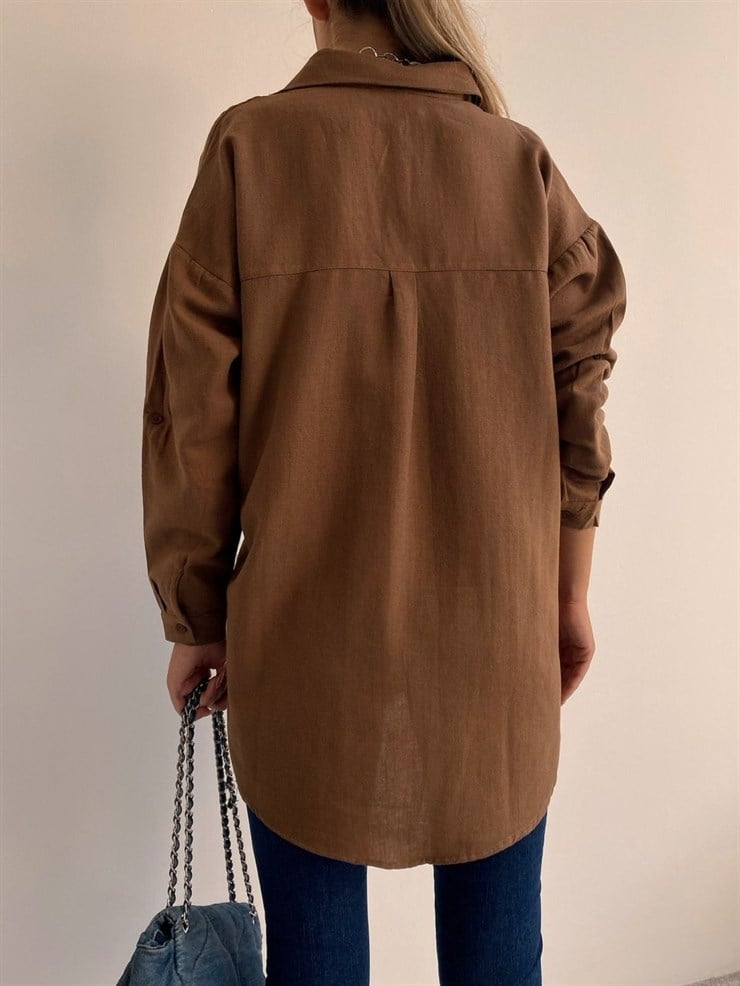 Oversize Yanı Düğme Detaylı Kadın Kahverengi Gömlek 22K000081