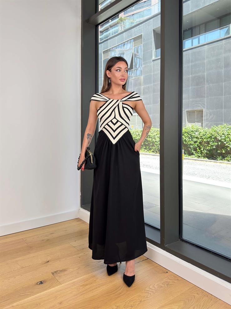 Askılı Sırt Detaylı Çizgili Overton Siyah Kadın Elbise 25Y450