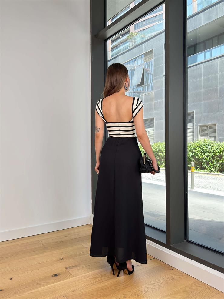 Askılı Sırt Detaylı Çizgili Overton Siyah Kadın Elbise 25Y450