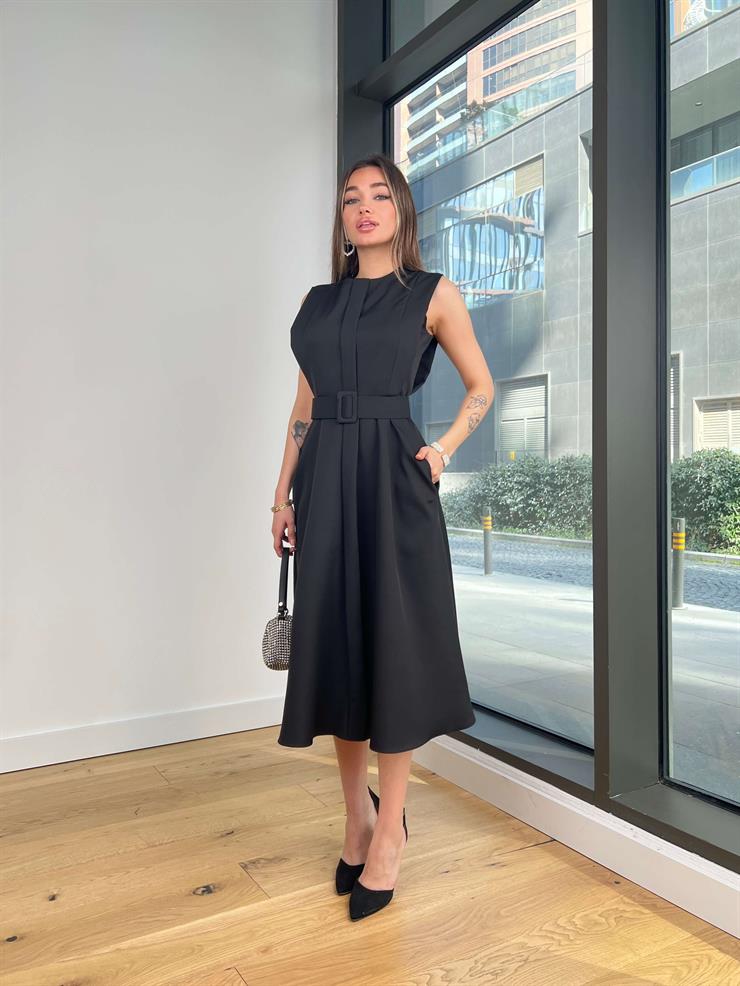 Kolsuz Beli Kemerli Ovın Siyah Kadın Midi Elbise 25Y120