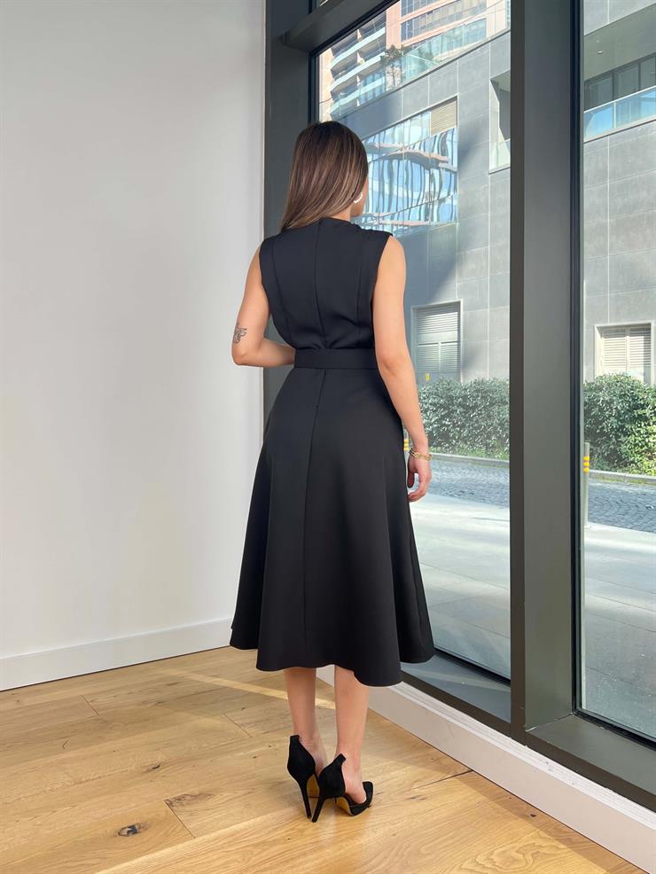 Kolsuz Beli Kemerli Ovın Siyah Kadın Midi Elbise 25Y120