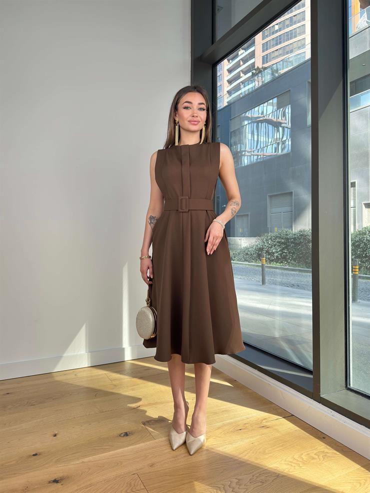 Kolsuz Beli Kemerli Ovın Kahve Kadın Midi Elbise 25Y120