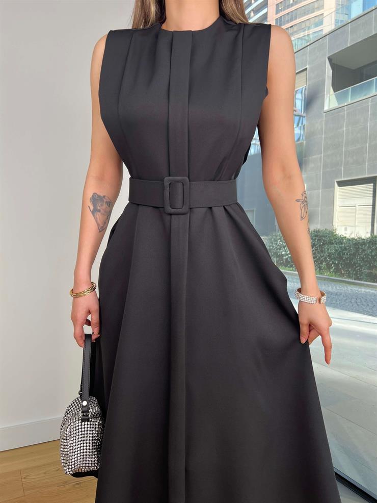 Kolsuz Beli Kemerli Ovın Siyah Kadın Midi Elbise 25Y120