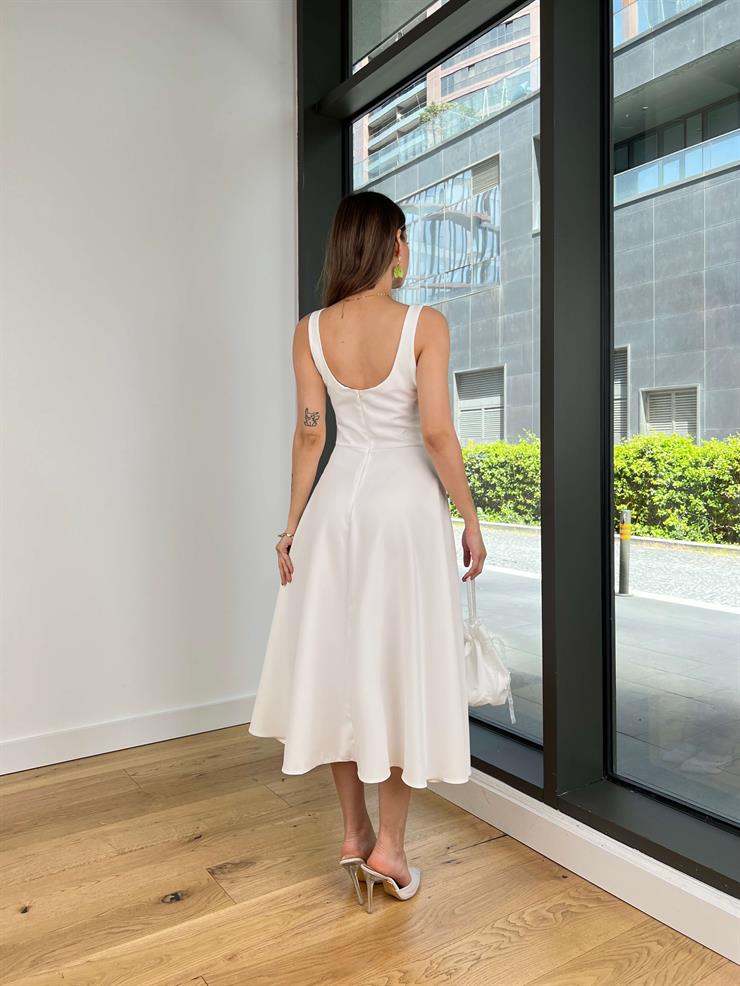 Kalın Kare Yaka Ovner Beyaz Kadın Elbise 25Y358