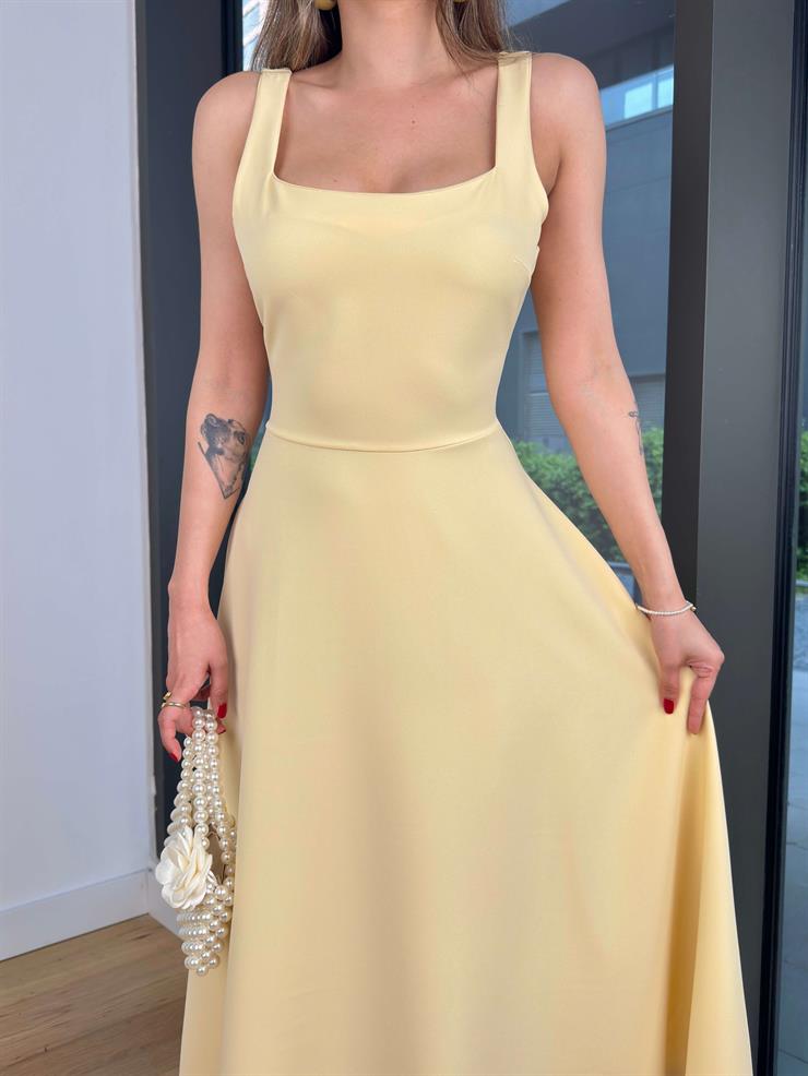 Kalın Kare Yaka Ovner Sarı Kadın Elbise 25Y358