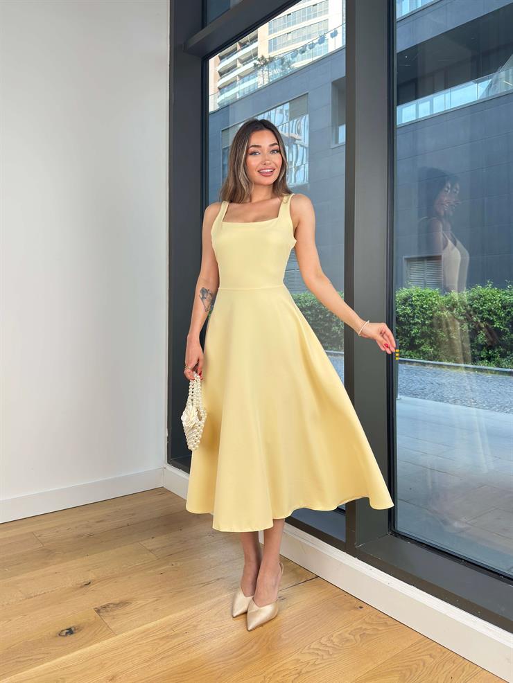 Kalın Kare Yaka Ovner Sarı Kadın Elbise 25Y358