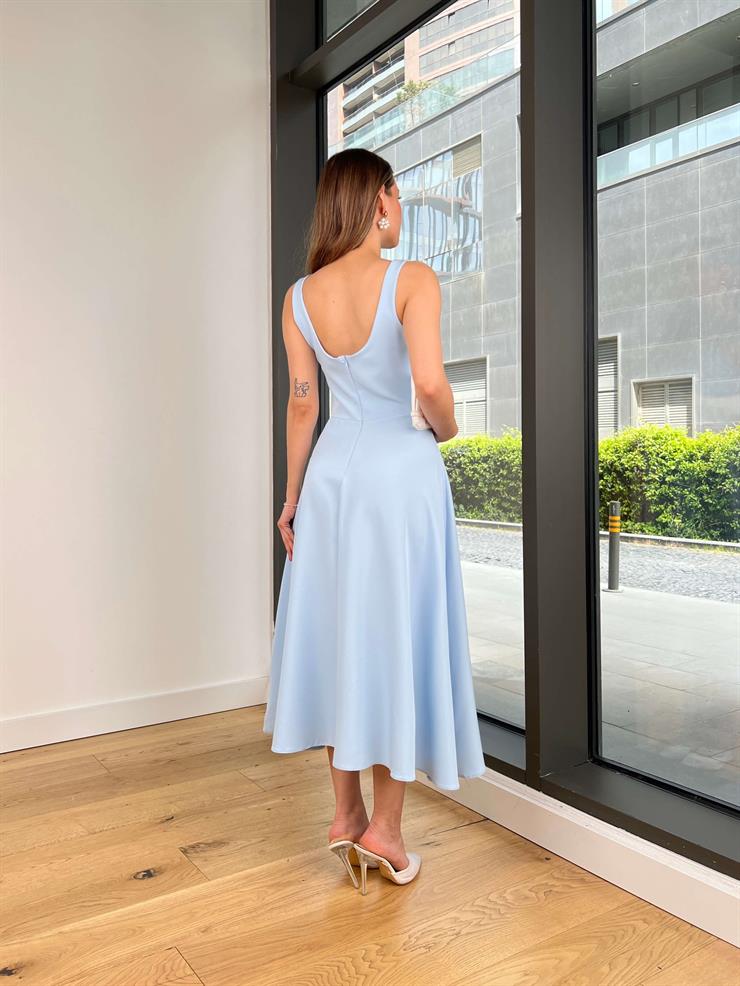 Kalın Kare Yaka Ovner Mavi Kadın Elbise 25Y358