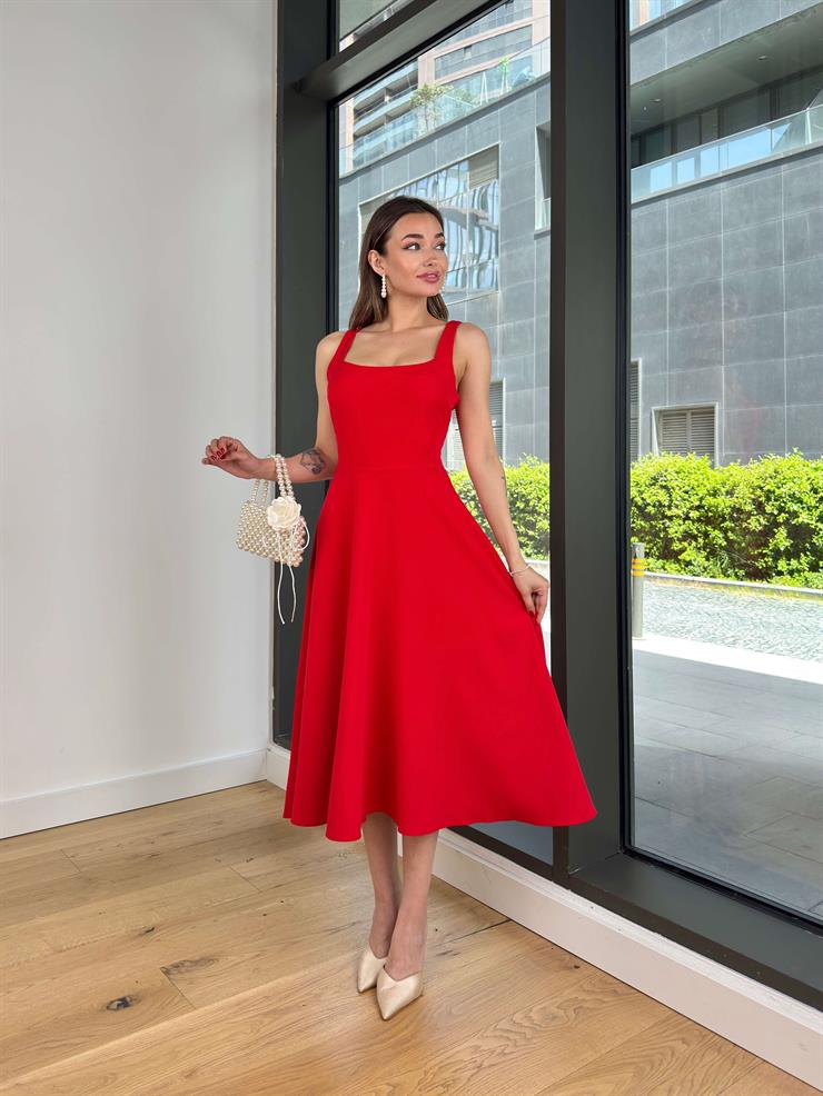 Kalın Kare Yaka Ovner Kırmızı Kadın Elbise 25Y358