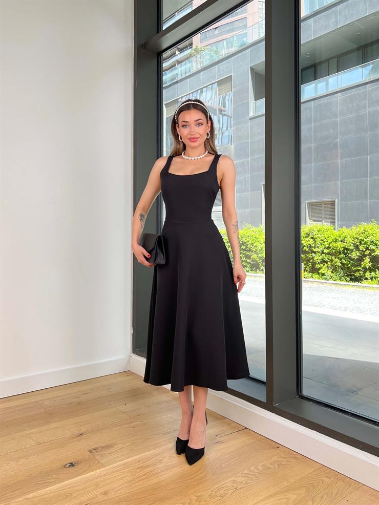 	Kalın Kare Yaka Ovner Siyah Kadın Elbise 25Y358