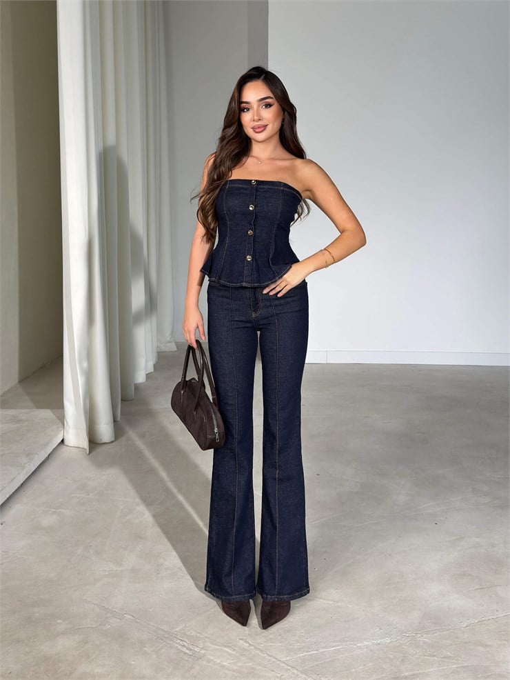 Straplez Önü Düğmeli Denim Ovren İkili Kadın Takım 26Y682
