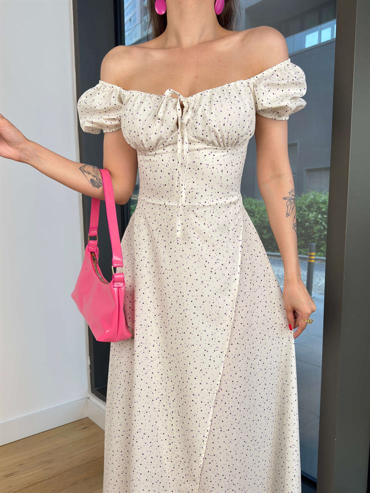 Düşük Omuz Göğüs Kısmı Büzgülü Ovurlen Beyaz Kadın Puantiyeli Elbise 25Y413