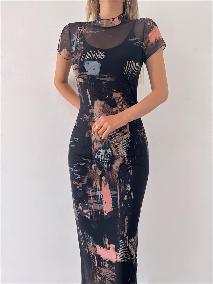 Yarım Boğazlı Kısa Kollu Own Kadın Siyah Desenli Tül Elbise 23Y000225