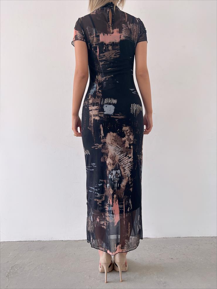 Yarım Boğazlı Kısa Kollu Own Kadın Siyah Desenli Tül Elbise 23Y000225