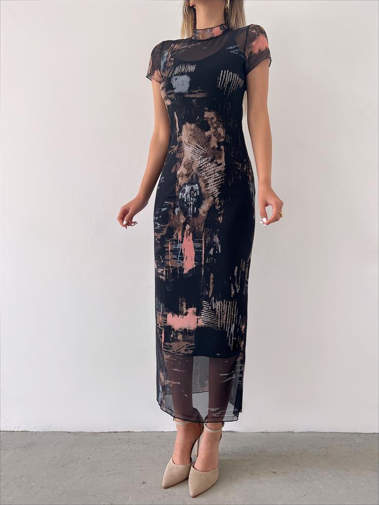 Yarım Boğazlı Kısa Kollu Own Kadın Siyah Desenli Tül Elbise 23Y000225