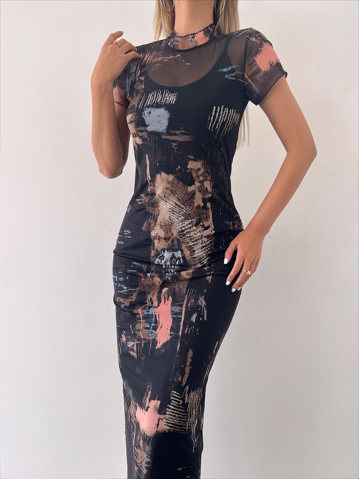 Yarım Boğazlı Kısa Kollu Own Kadın Siyah Desenli Tül Elbise 23Y000225