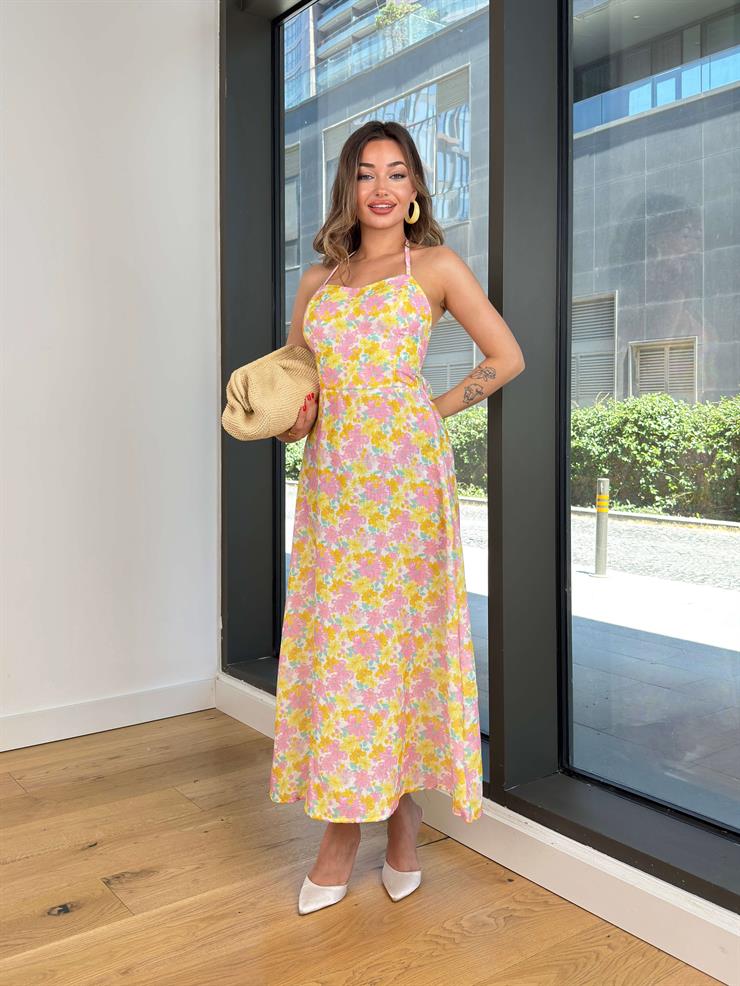 Boyundan Askılı Sırt Dekolteli Oyster Pembe Kadın Çiçekli Elbise 25Y495