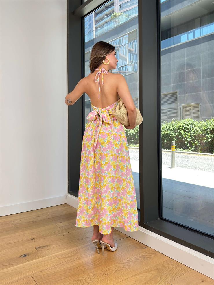 Boyundan Askılı Sırt Dekolteli Oyster Pembe Kadın Çiçekli Elbise 25Y495