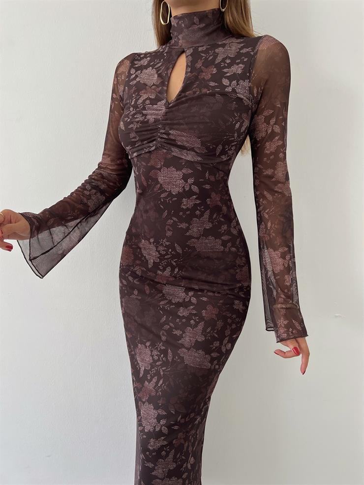 Uzun Tül Kol Göğüs Kısmı Büzgülü Ve Pencere Detaylı Pabiyan Kadın Kahve Elbise 24k000025