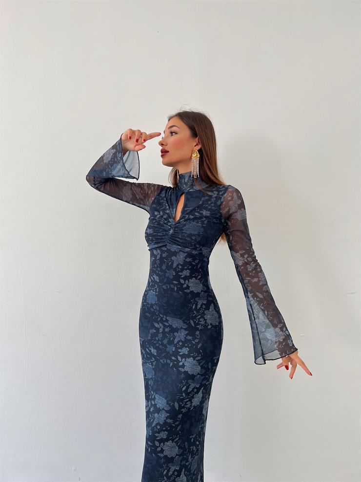 Uzun Tül Kol Göğüs Kısmı Büzgülü Ve Pencere Detaylı Pabiyan Kadın Lacivert Elbise 24k000025