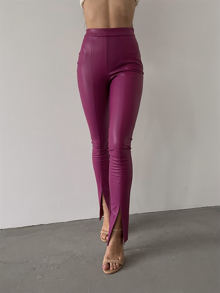 Paçası Yırtmaçlı Edson Kadın Fuşya Vegan Deri Pantolon 23K000144