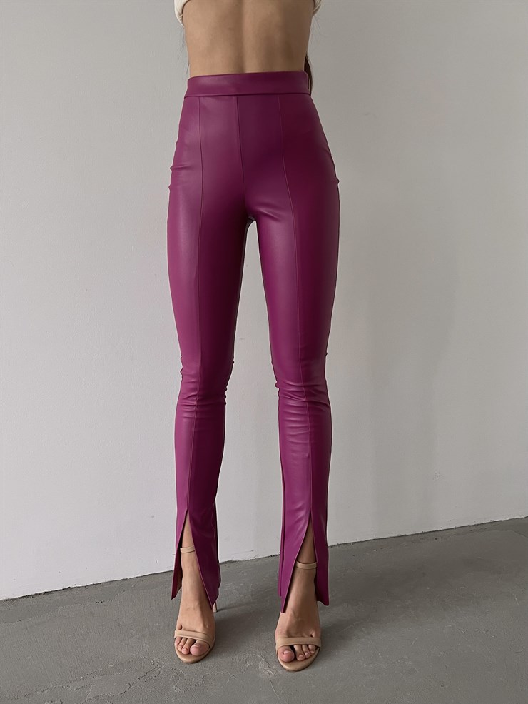 Paçası Yırtmaçlı Edson Kadın Fuşya Vegan Deri Pantolon 23K000144