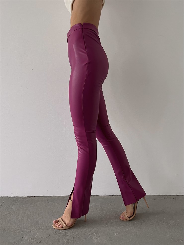 Paçası Yırtmaçlı Edson Kadın Fuşya Vegan Deri Pantolon 23K000144