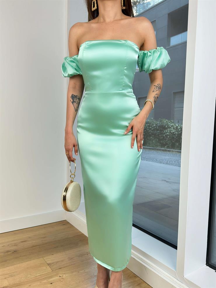 Düşük Kol Belden Oturtmalı Eteği Yırtmaçlı Palmadle Kadın Mint Saten Elbise 24Y659