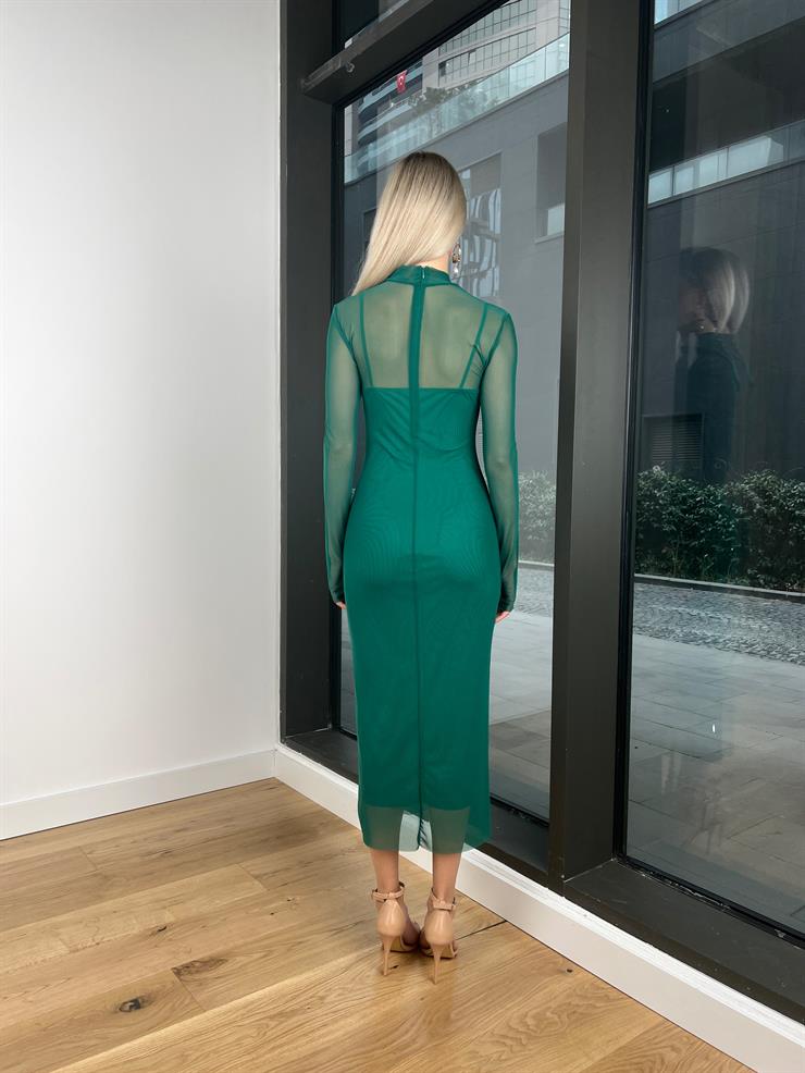 Yarım Balıkçı Yaka Uzun Tül Kol Palvan Kadın Zümrüt Midi Elbise 23Y000004