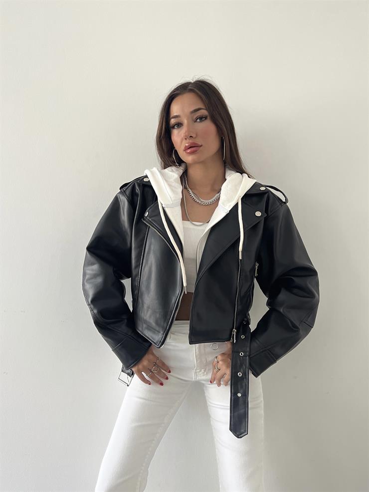 Fermuar Kapamalı Kemer Detaylı Pankrati Kadın Siyah Deri Ceket 23Y000618