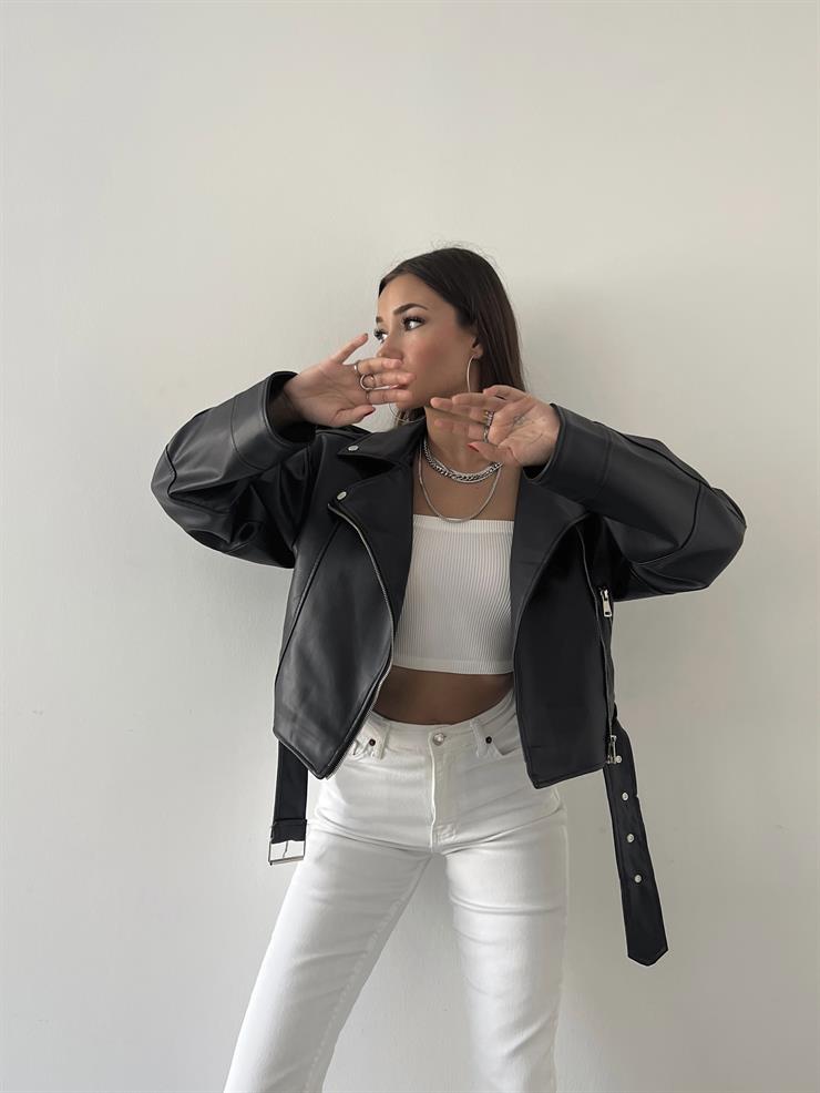 Fermuar Kapamalı Kemer Detaylı Pankrati Kadın Siyah Deri Ceket 23Y000618