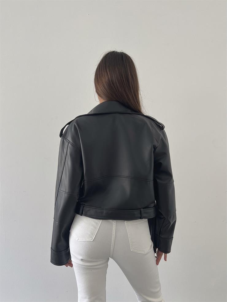 Fermuar Kapamalı Kemer Detaylı Pankrati Kadın Siyah Deri Ceket 23Y000618