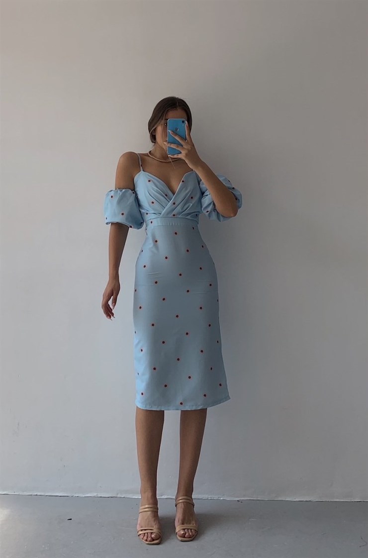 Papatya Desen Yaka Drape Detay Kadın Mavi Midi Elbise 21Y000430