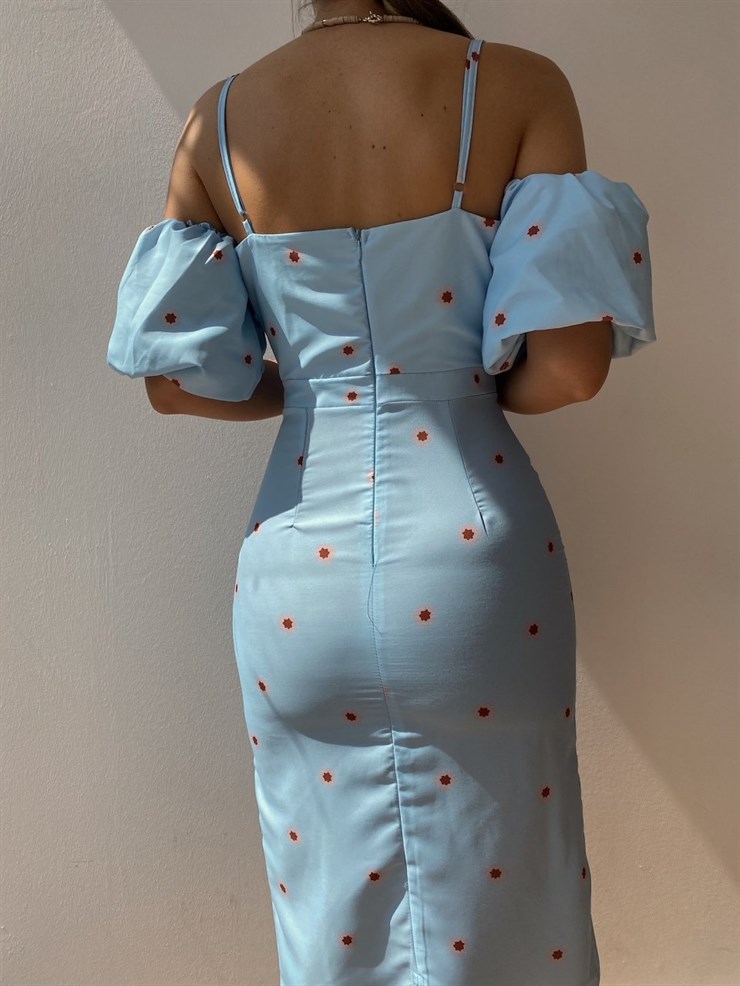 Papatya Desen Yaka Drape Detay Kadın Mavi Midi Elbise 21Y000430