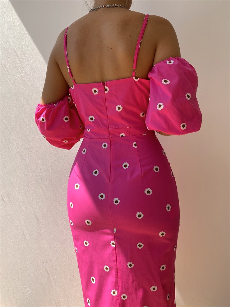 Papatya Desen Yaka Drape Detay Kadın Pembe Midi Elbise 21Y000430